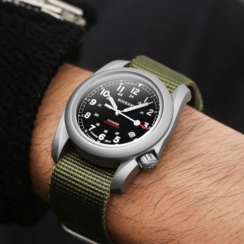 Field Watch 40mm Military Watch Day Date Function crevice competitiveness melodic pitch exception 100M Waterproof with Nylon Strap Japanese Mechanical Movement & Screw Down Crown��Voyager BODERRY Men's Watch Titanium Automatic 