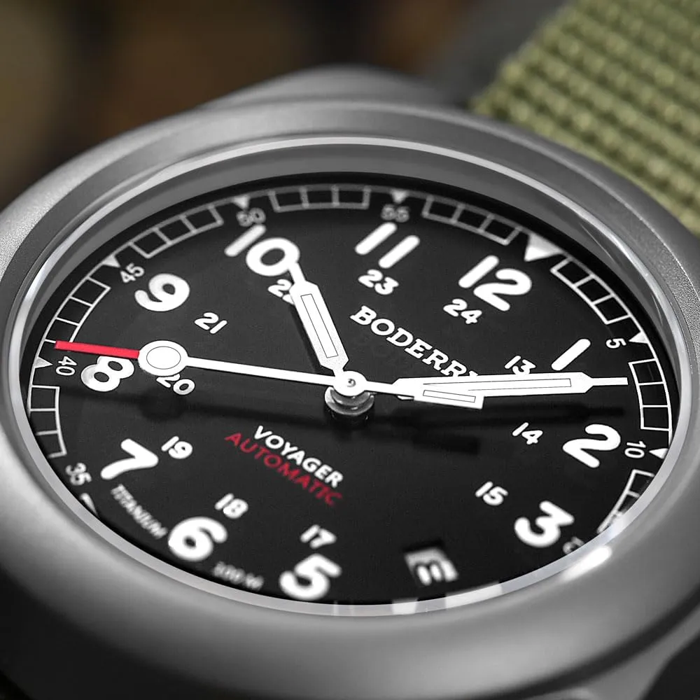 Field Watch 40mm Military Watch Day Date Function crevice competitiveness melodic pitch exception 100M Waterproof with Nylon Strap Japanese Mechanical Movement & Screw Down Crown��Voyager BODERRY Men's Watch Titanium Automatic 