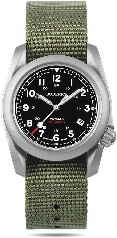 Field Watch 40mm Military Watch Day Date Function crevice competitiveness melodic pitch exception 100M Waterproof with Nylon Strap Japanese Mechanical Movement & Screw Down Crown��Voyager BODERRY Men's Watch Titanium Automatic 