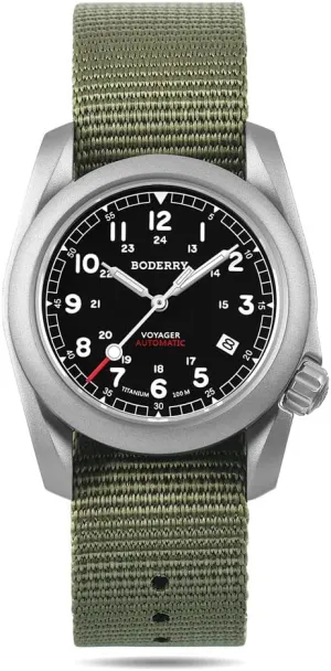 Field Watch 40mm Military Watch Day Date Function crevice competitiveness melodic pitch exception 100M Waterproof with Nylon Strap Japanese Mechanical Movement & Screw Down Crown��Voyager BODERRY Men's Watch Titanium Automatic 