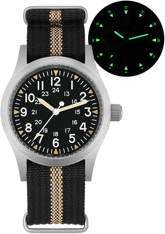 Field Watch C3 zeal entertainment vogue Super Luminous Retro Sweep Wrist Watch for Men 100M Waterproof Militado ML05 38mm VH31 Quartz Watch - Domed Sapphire Crystal 