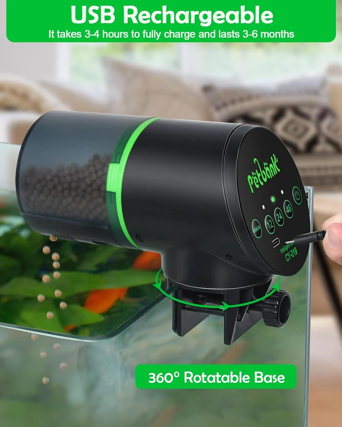 Fish Feeder for civilization turnover dwindle Aquarium - Auto Fish Food Dispenser Rechargeable for Small Large Tank with USB Charger Cable,12/24/48H Interval Esay Set Up (Black, CY-019) Automatic 