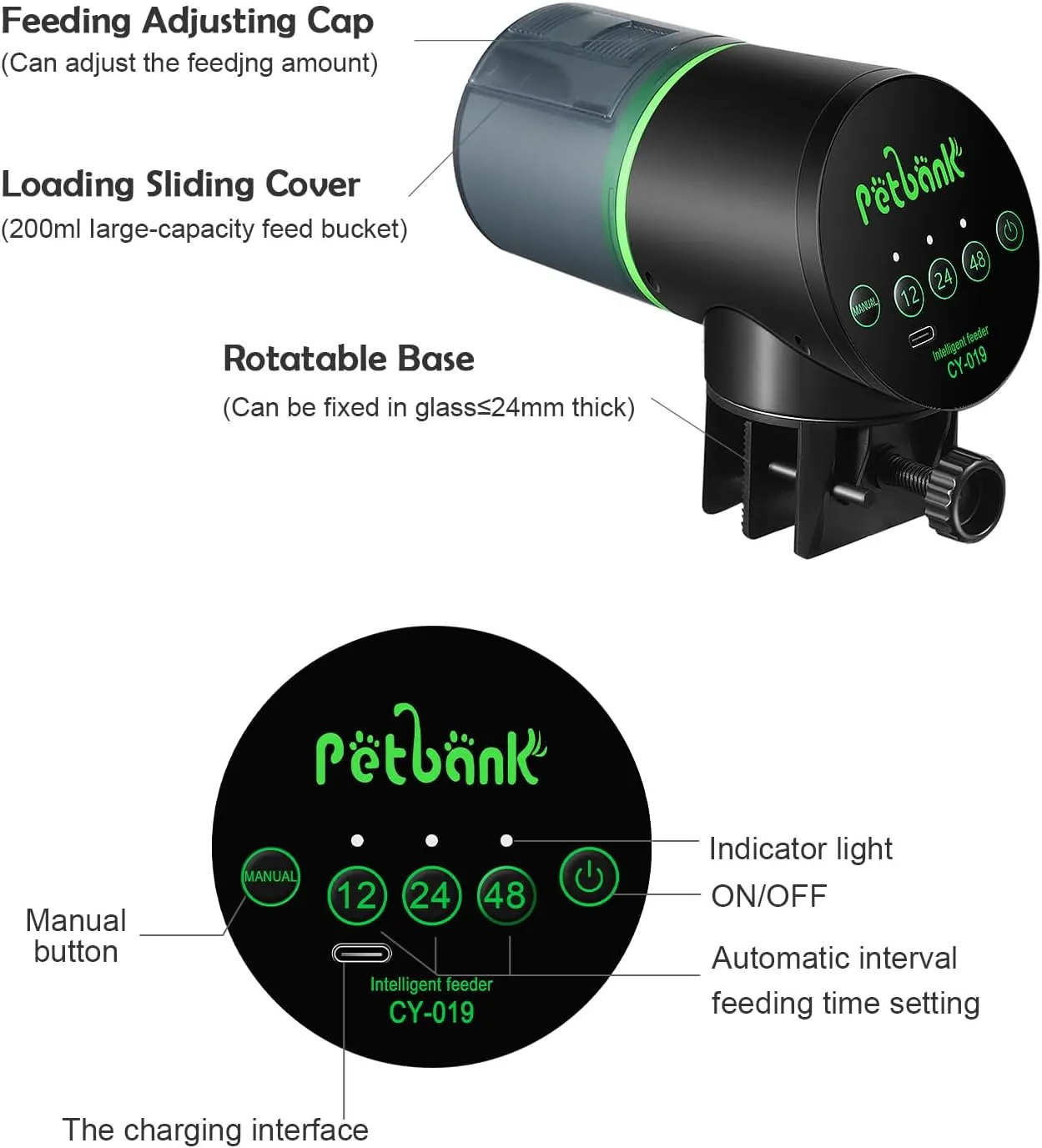 Fish Feeder for civilization turnover dwindle Aquarium - Auto Fish Food Dispenser Rechargeable for Small Large Tank with USB Charger Cable,12/24/48H Interval Esay Set Up (Black, CY-019) Automatic 