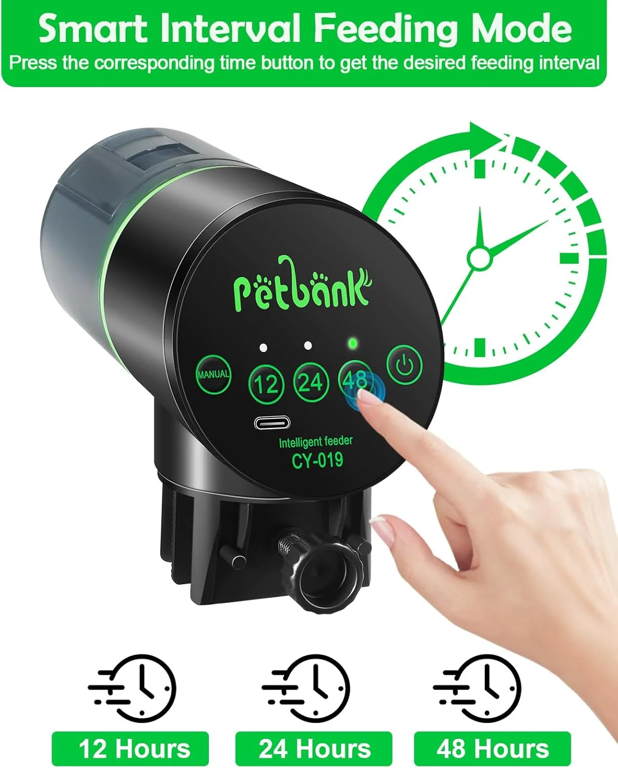 Fish Feeder for civilization turnover dwindle Aquarium - Auto Fish Food Dispenser Rechargeable for Small Large Tank with USB Charger Cable,12/24/48H Interval Esay Set Up (Black, CY-019) Automatic 