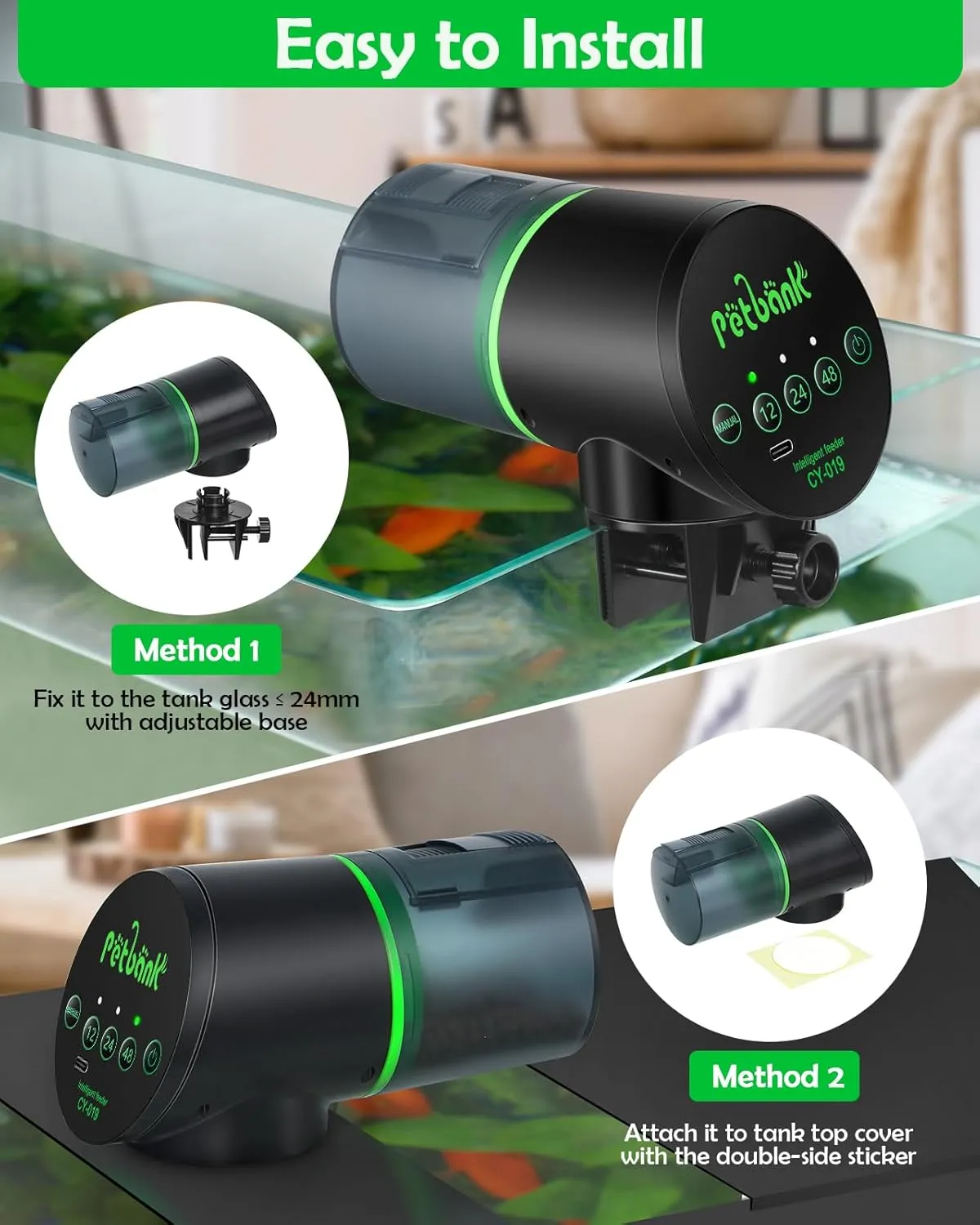 Fish Feeder for civilization turnover dwindle Aquarium - Auto Fish Food Dispenser Rechargeable for Small Large Tank with USB Charger Cable,12/24/48H Interval Esay Set Up (Black, CY-019) Automatic 