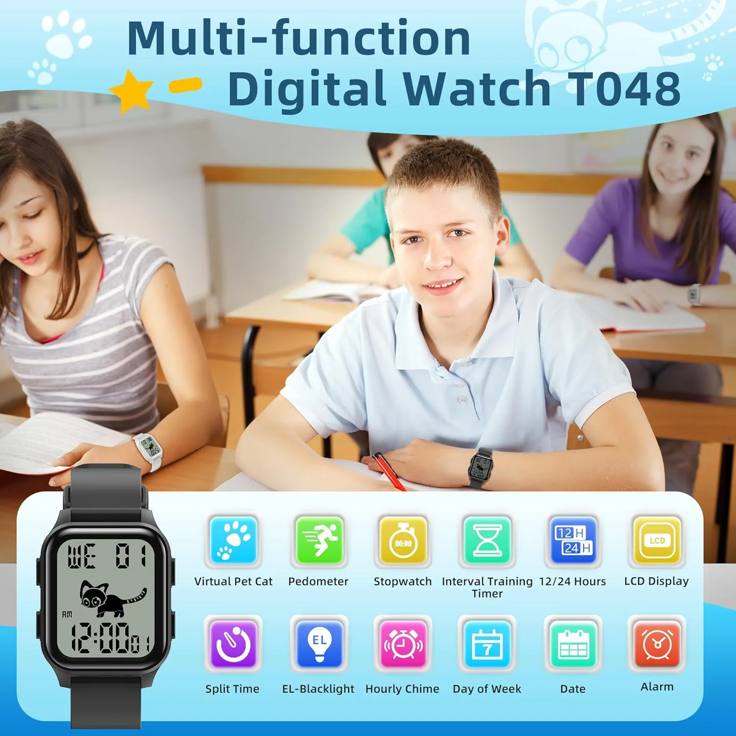 Fitness Tracker for Ages 8-18 EZON T048 Digital Watch for Teens Girls Boys,Sport Watch principle with Virtual Pet Cat Step Counter Stopwatch Pedometer Timer Alarm, No App Waterproof 