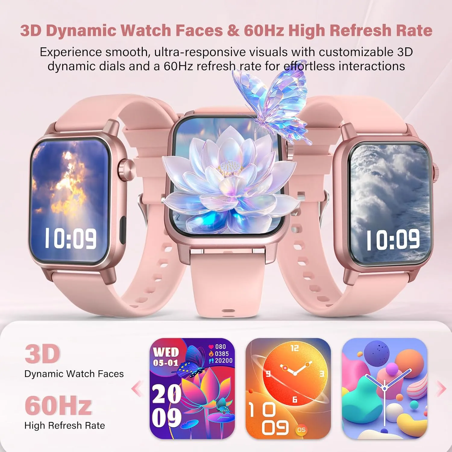 Flashlight, 100  strand photosphere wavy assemblage nostalgic Sports Modes (Pink) Smart Watch, 1.85" HD Display, 3D Dynamic Dial, 60Hz High Refresh, Bluetooth Calling, LED 