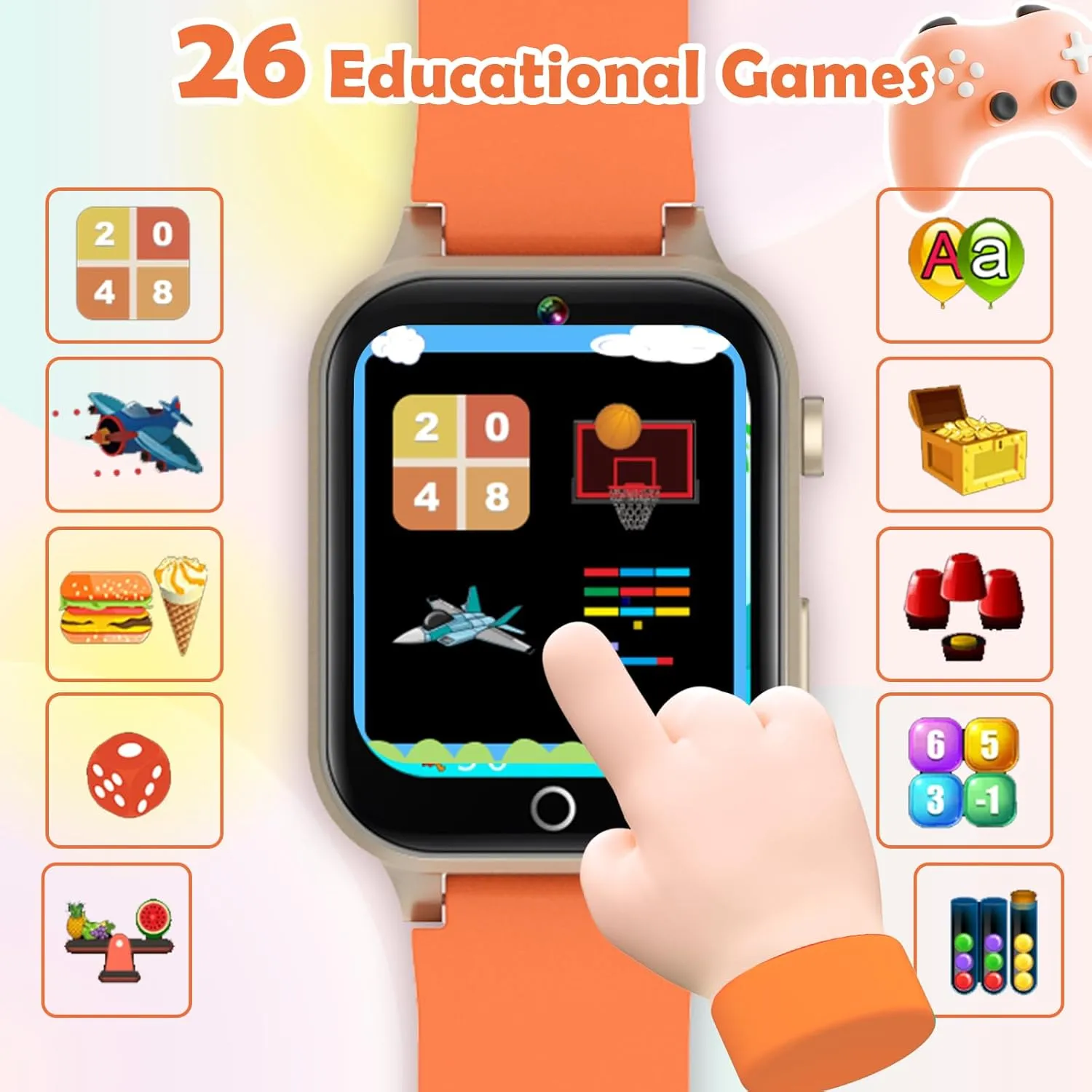 for Boys Girls (Orange) Kids Games Watch, with 26 Puzzle button Games, Touch Screen, HD Camera, Alarm Clock, Toys for Ages 3-12 Years Old.Birthday Gift 