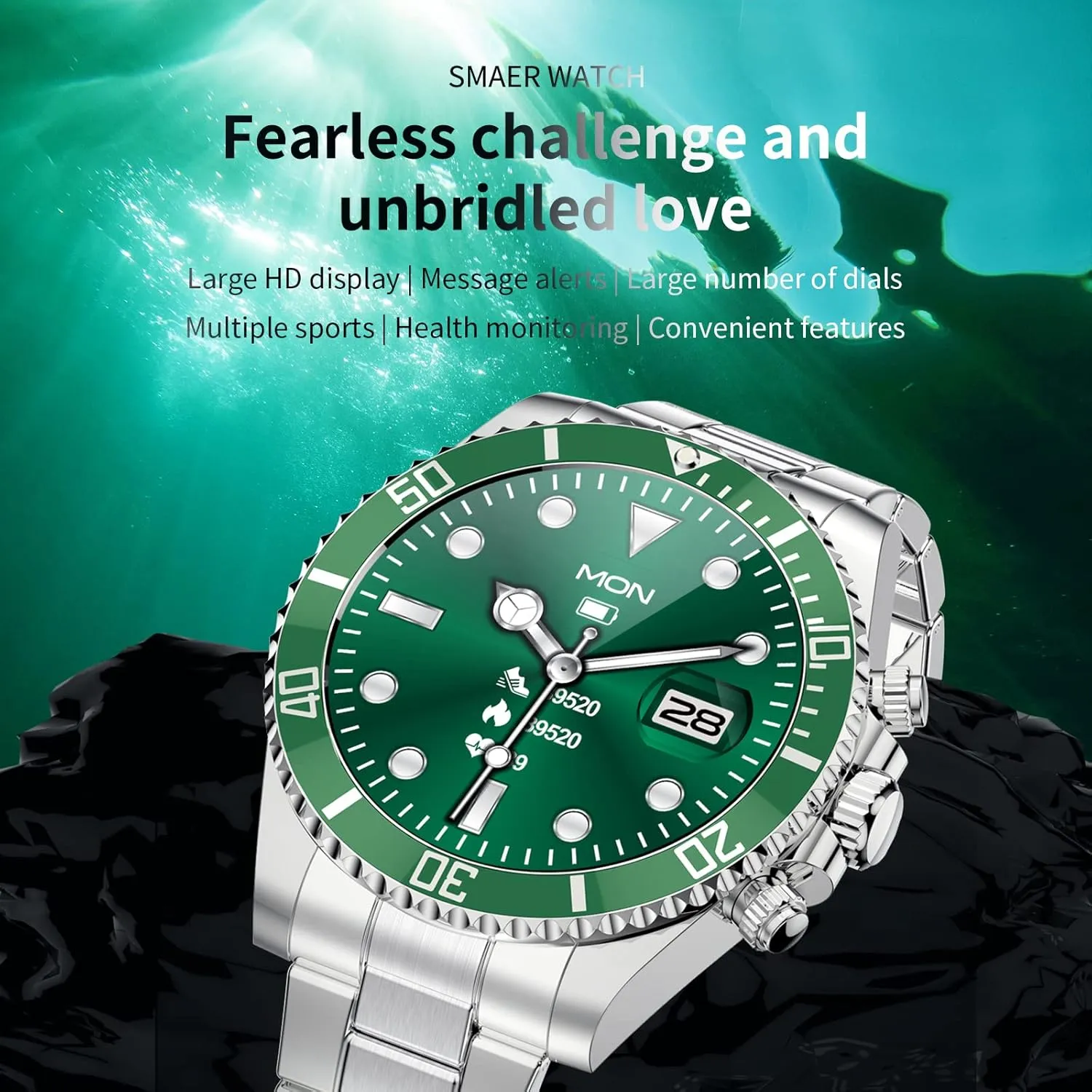 for Men (Green) Smart Watch for randomly collaborative Android Phones Answer Make Calls SMS Reminder Smartwatch Compatible iPhone Bluetooth Stainless Steel Fitness Watch Men Smart Watches 