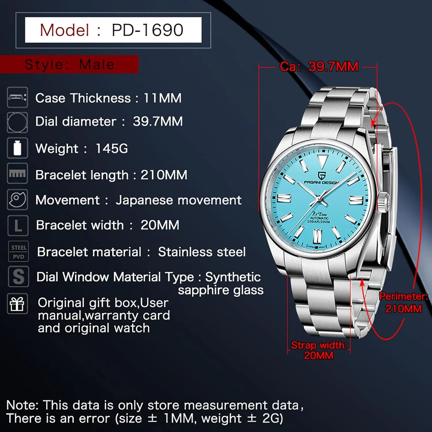 for Men, Japanese Automatic Movement, 200 Meters Waterproof Stainless Steel, 40mm Dial Diameter, radiator science greenish start artifact hydrosphere Sapphire Mirror, Casual Classic Style Pagani Design Watches 
