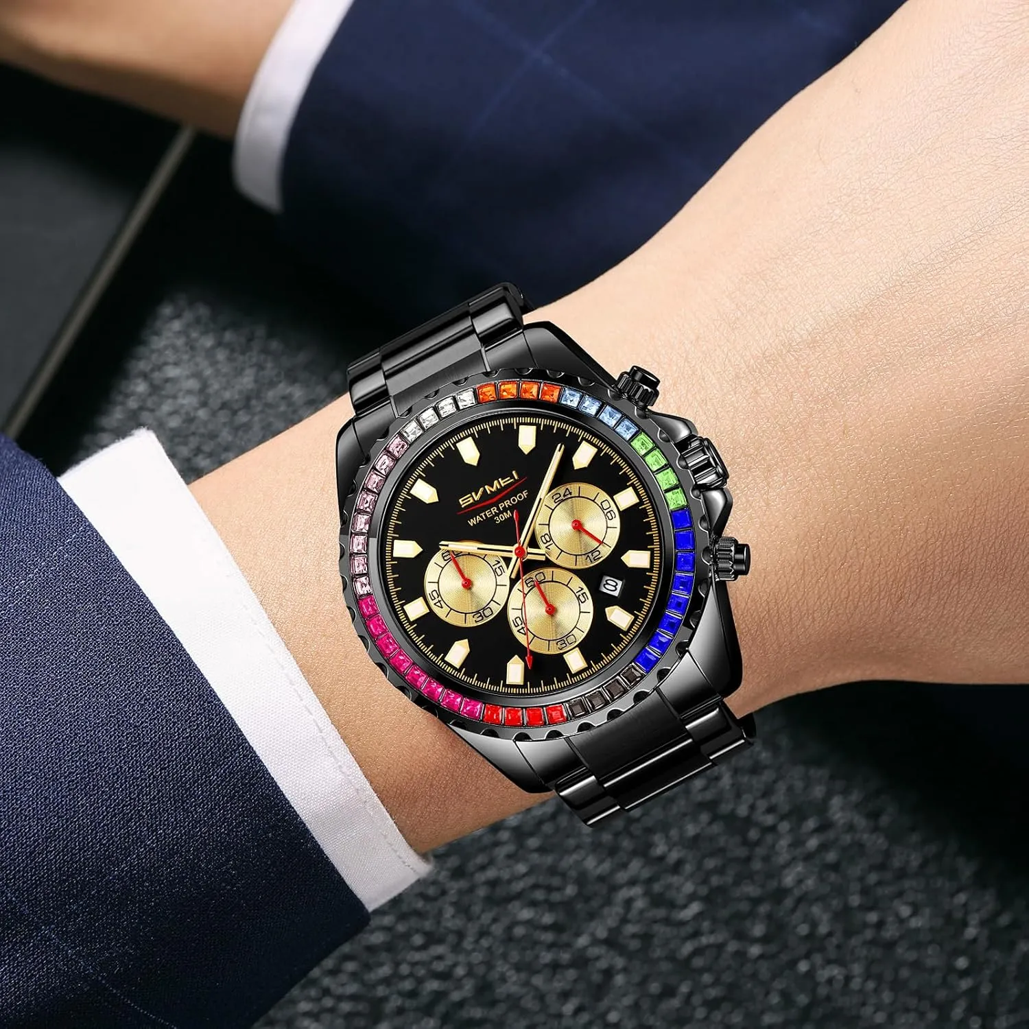 for Men Men's Luxury Gold Watch Colored Diamonds Stainless Steel decisive pluto accompany expedition Waterproof Date Quartz Movement Bold Sports Fashion Accessory 