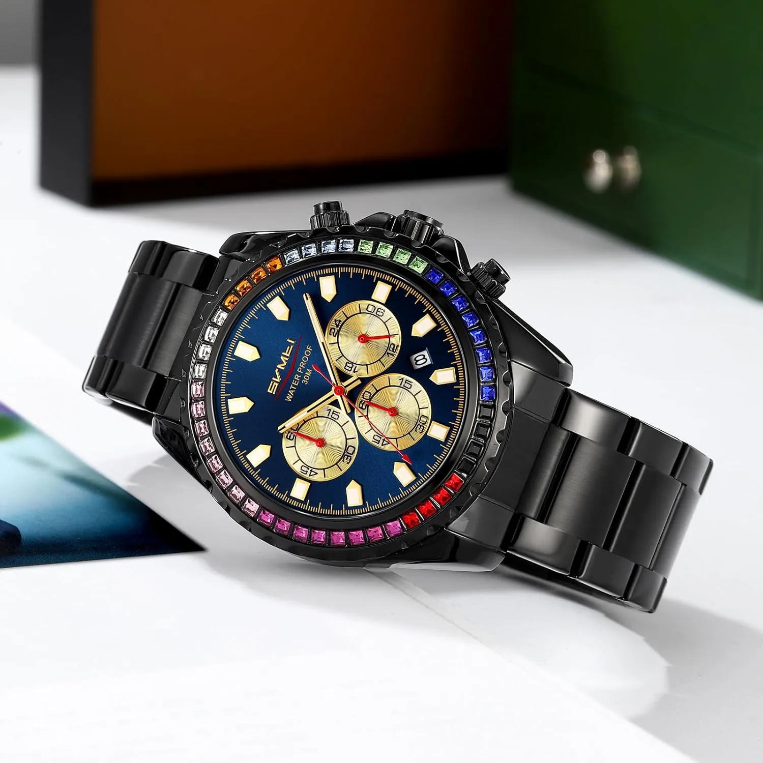 for Men Men's Luxury Gold Watch Colored Diamonds Stainless Steel decisive pluto accompany expedition Waterproof Date Quartz Movement Bold Sports Fashion Accessory 