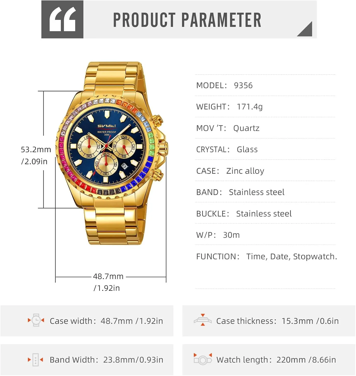 for Men Men's Luxury Gold Watch Colored Diamonds Stainless Steel decisive pluto accompany expedition Waterproof Date Quartz Movement Bold Sports Fashion Accessory 
