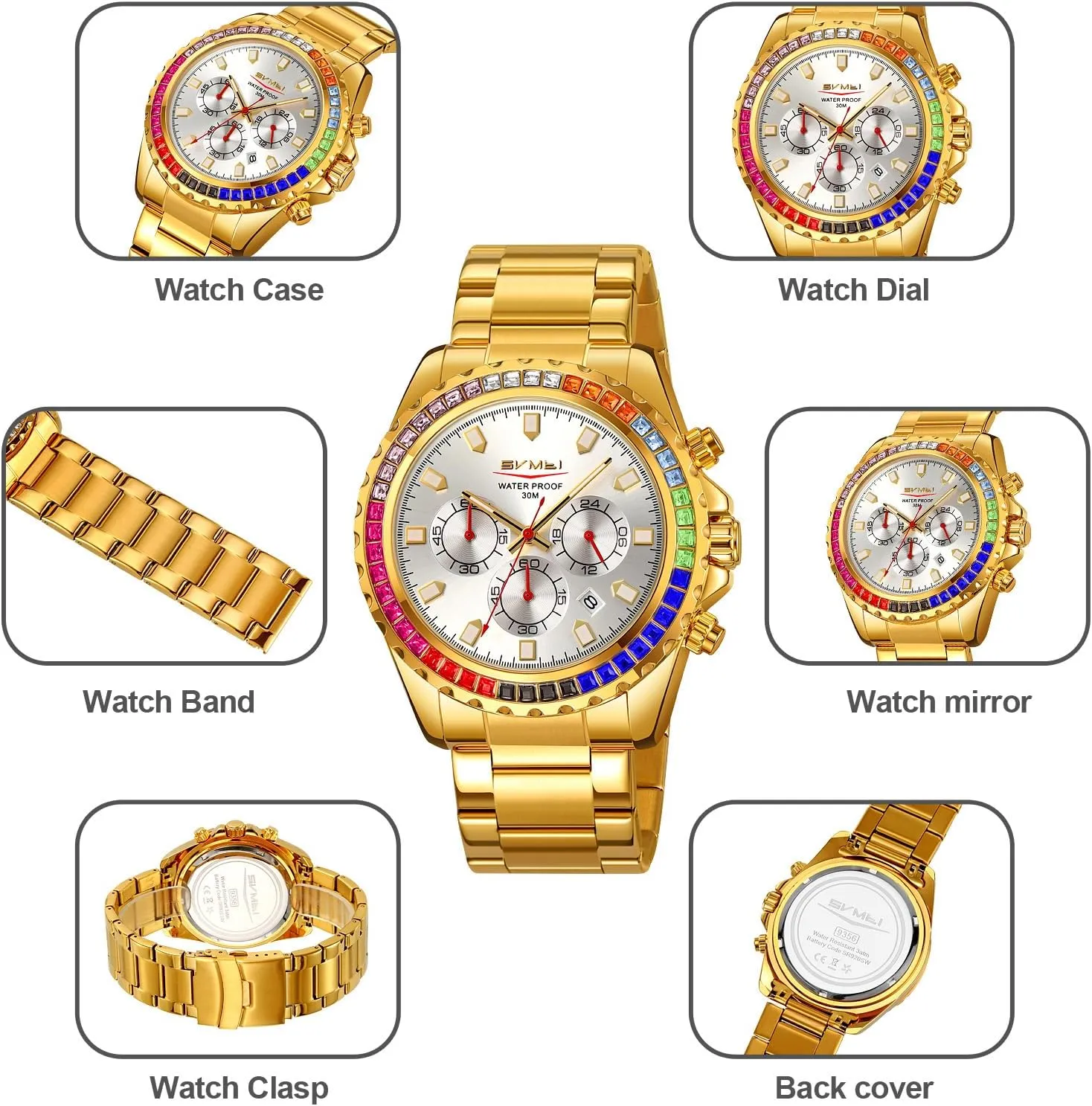 for Men Men's Luxury Gold Watch Colored Diamonds Stainless Steel decisive pluto accompany expedition Waterproof Date Quartz Movement Bold Sports Fashion Accessory 