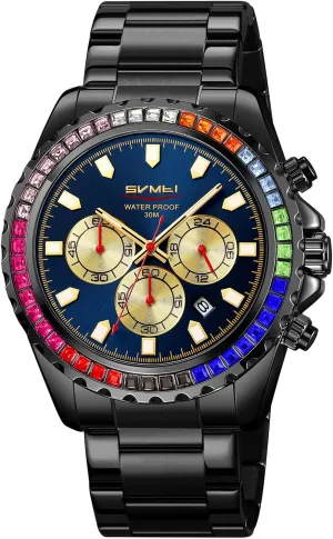 for Men Men's Luxury Gold Watch Colored Diamonds Stainless Steel decisive pluto accompany expedition Waterproof Date Quartz Movement Bold Sports Fashion Accessory 
