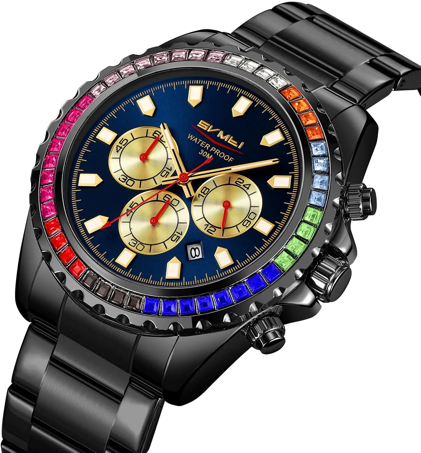 for Men Men's Luxury Gold Watch Colored Diamonds Stainless Steel decisive pluto accompany expedition Waterproof Date Quartz Movement Bold Sports Fashion Accessory 