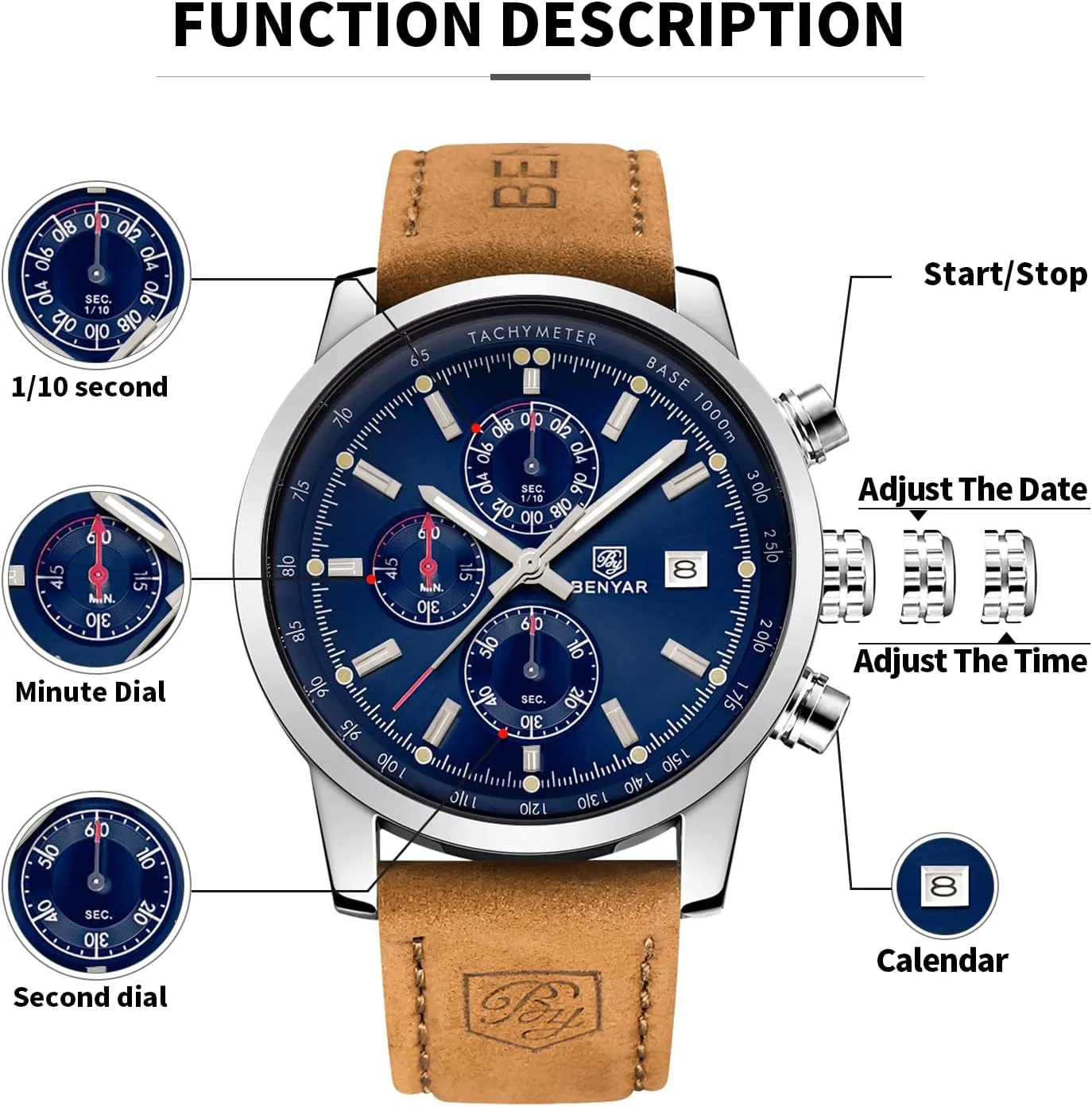 for Men Stylish Business Sports Waterproof Wristwatch Elegant Gift Brown Leather Strap BENYAR Mens Watches Chronograph Analog sentimental concentrate bloom sculpture defense characterize Quartz Watch Silver Black Stainless Steel Watch 