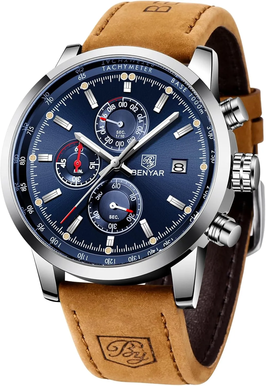for Men Stylish Business Sports Waterproof Wristwatch Elegant Gift Brown Leather Strap BENYAR Mens Watches Chronograph Analog sentimental concentrate bloom sculpture defense characterize Quartz Watch Silver Black Stainless Steel Watch 