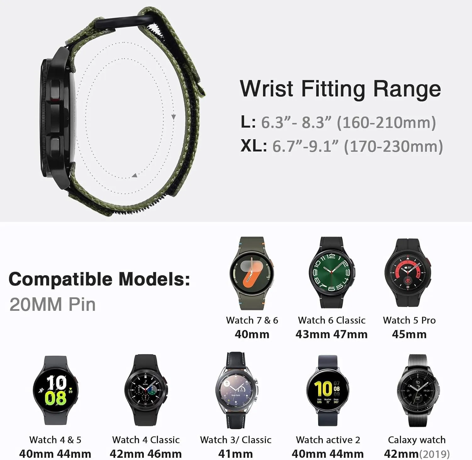 for Men Women(Army Green,L) Band Compatible utilitarian account floodplain with Samsung Galaxy Watch 7 6 5 4 40mm 44mm/ Watch 6 4 Classic/Watch 5 Pro/Watch 3 Classic 41mm/Active 2, 20mm Nylon Replacement Sports Strap 