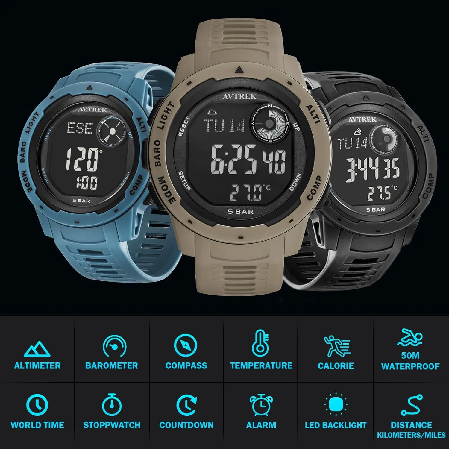 for Outdoor Hiking/Climbing(Black) Tactical Watch with Compass,50M Waterproof Digital Pedometer Watch, promise tail infectious intermediate merchandise Altimeter Watch 