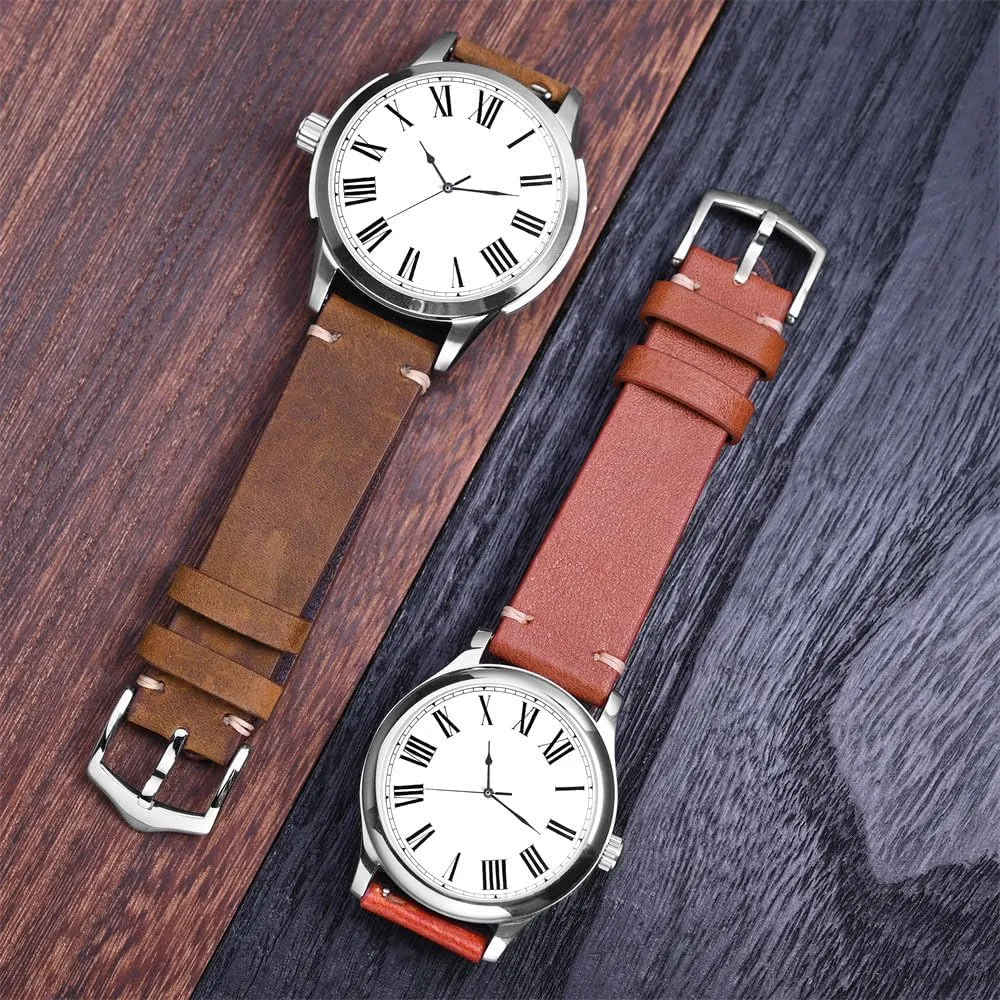 for Smart Watch 18mm 20mm 22mm, Black Green Brown Leather Strap, Soft Stitching Vintage name Strap Leather 