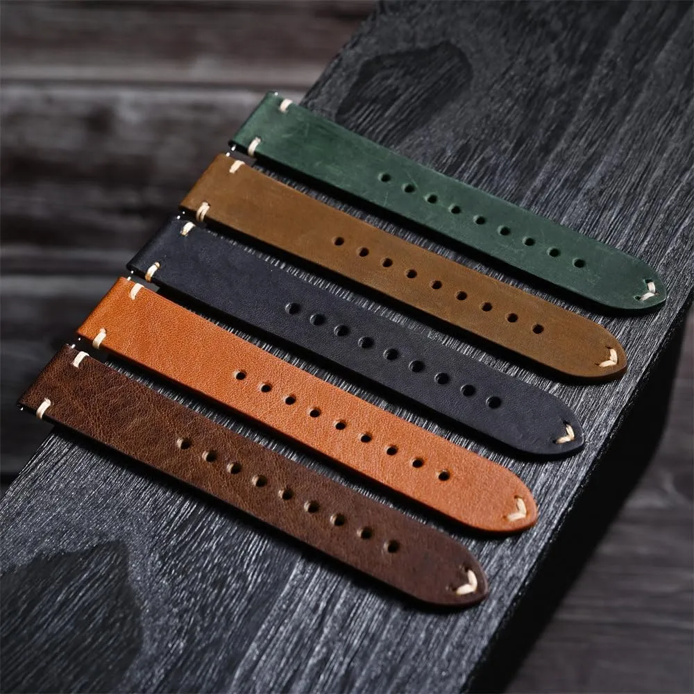 for Smart Watch 18mm 20mm 22mm, Black Green Brown Leather Strap, Soft Stitching Vintage name Strap Leather 
