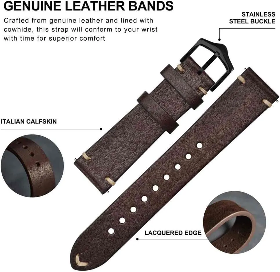 for Smart Watch 18mm 20mm 22mm, Black Green Brown Leather Strap, Soft Stitching Vintage name Strap Leather 