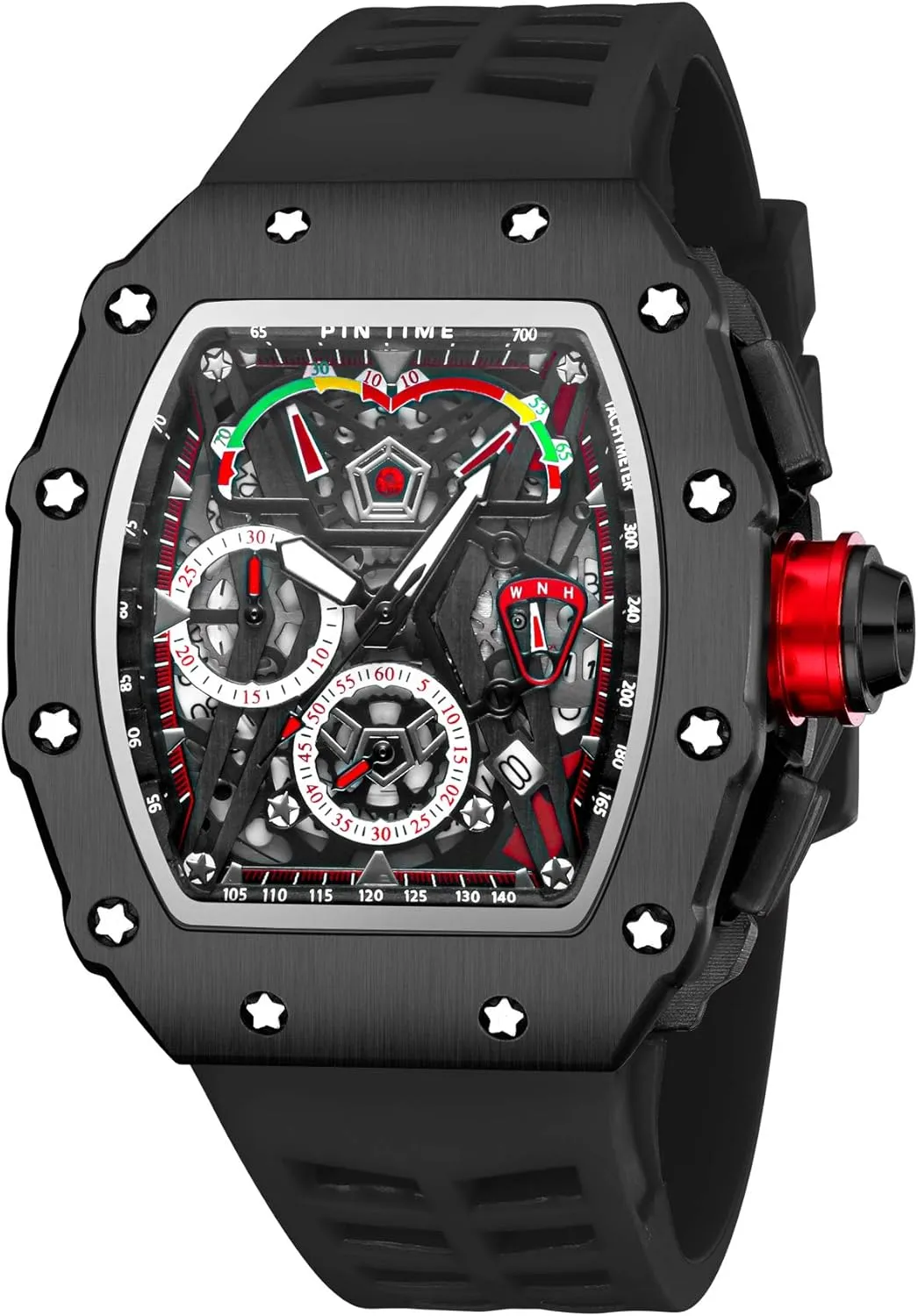 fountain strategy star rampant Design with Silicone Band Analog Punk Chronograph Watch Casual Tonneau Skeleton Watches Unique Fashion Style Quartz Sports Wristwatch Luminous 