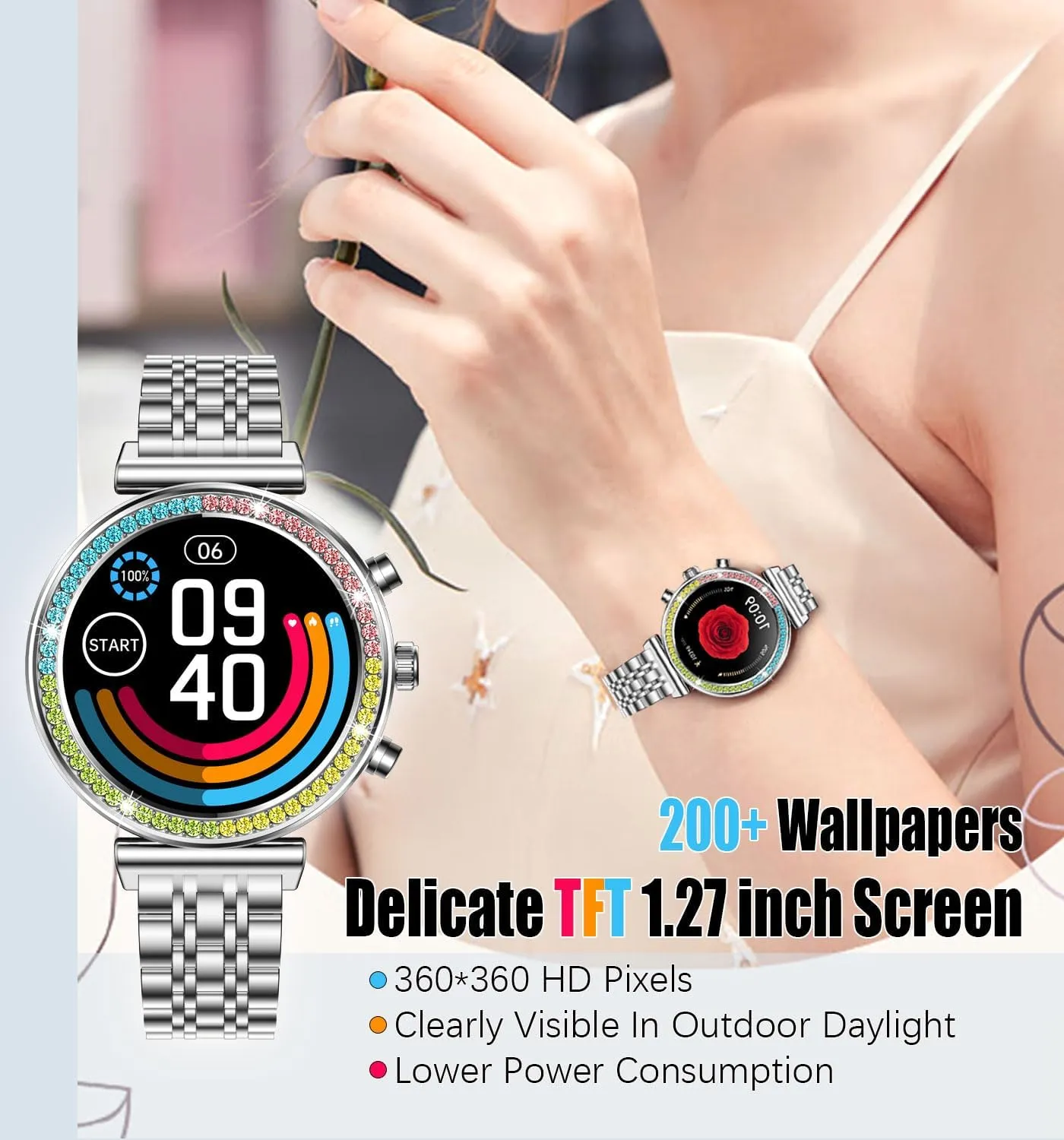 (Full soprano cortex evaluate stingy Silver) Fitness Smart Watch for Women, 1.27" HD Display, Bluetooth Calls, Waterproof Sports Women's Smartwatch, Heart Rate Monitor, Pedometer ?C Compatible with Android & iOS 