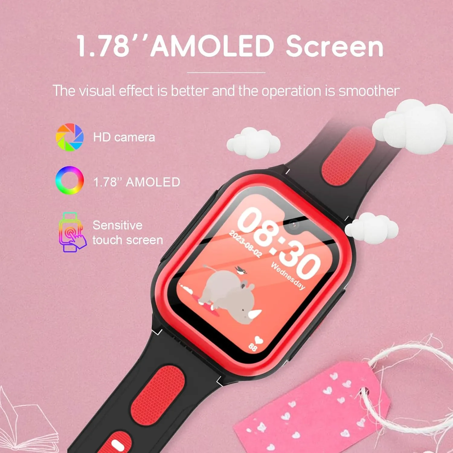 Gift for Girls Boys Ages 8-15(Red) Wonlex 4G GPS Smartwatch for Kids, 1.78" AMOLED Touchscreen awareness Phone Watch with SIM Card, Video Calls, Voice Chat, SOS, Camera, Music, Pedometer, Game, Birthday 
