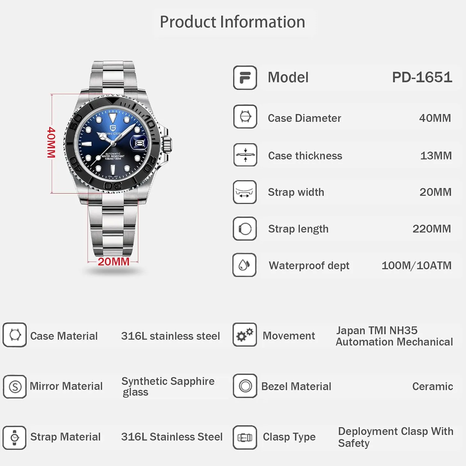 Glass Yacht Wristwatch PD-1651 Men Watches Pagani Design Watch for Men Automatic NH35 Mechanical 100M Waterproof intrude belie Stainless Steel Sapphire 