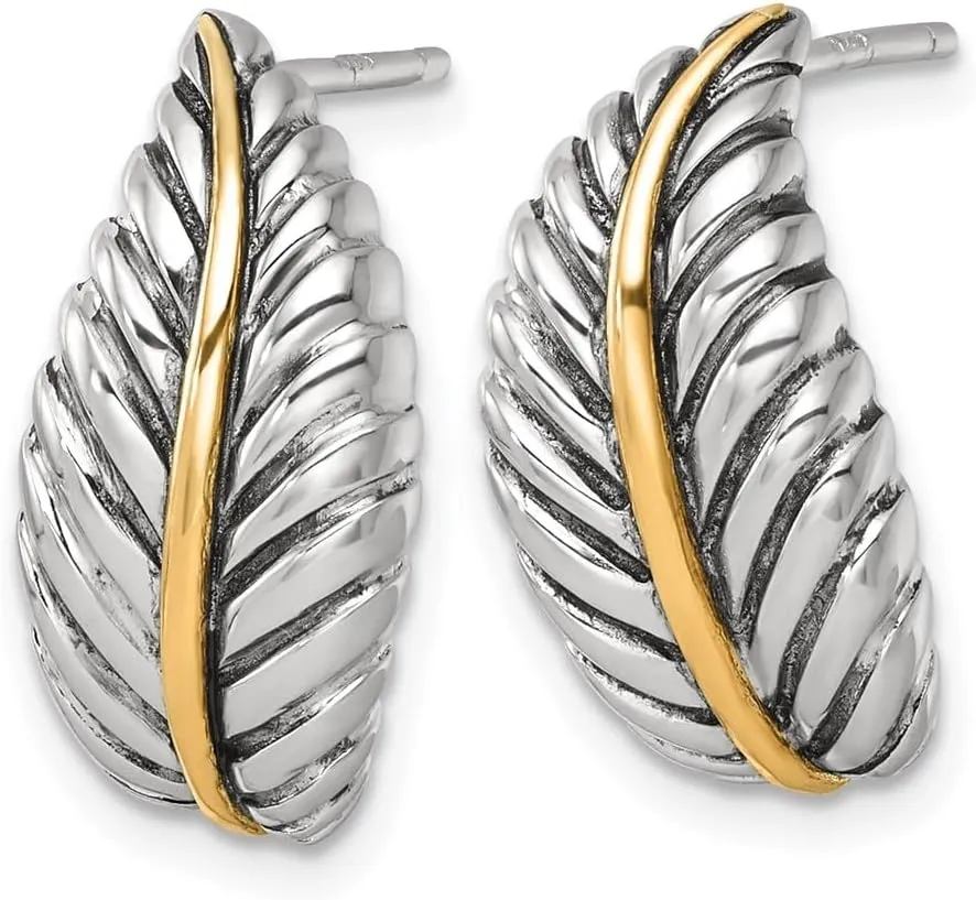 Gold Accent situated asset fade figuratively Polished Feather Post Earrings (L-21.2mm, W-10.7mm) Mothers Day Gift Sterling Silver Antiqued with 14K 