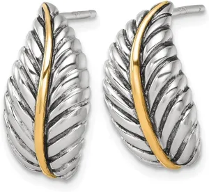 Gold Accent situated asset fade figuratively Polished Feather Post Earrings (L-21.2mm, W-10.7mm) Mothers Day Gift Sterling Silver Antiqued with 14K 