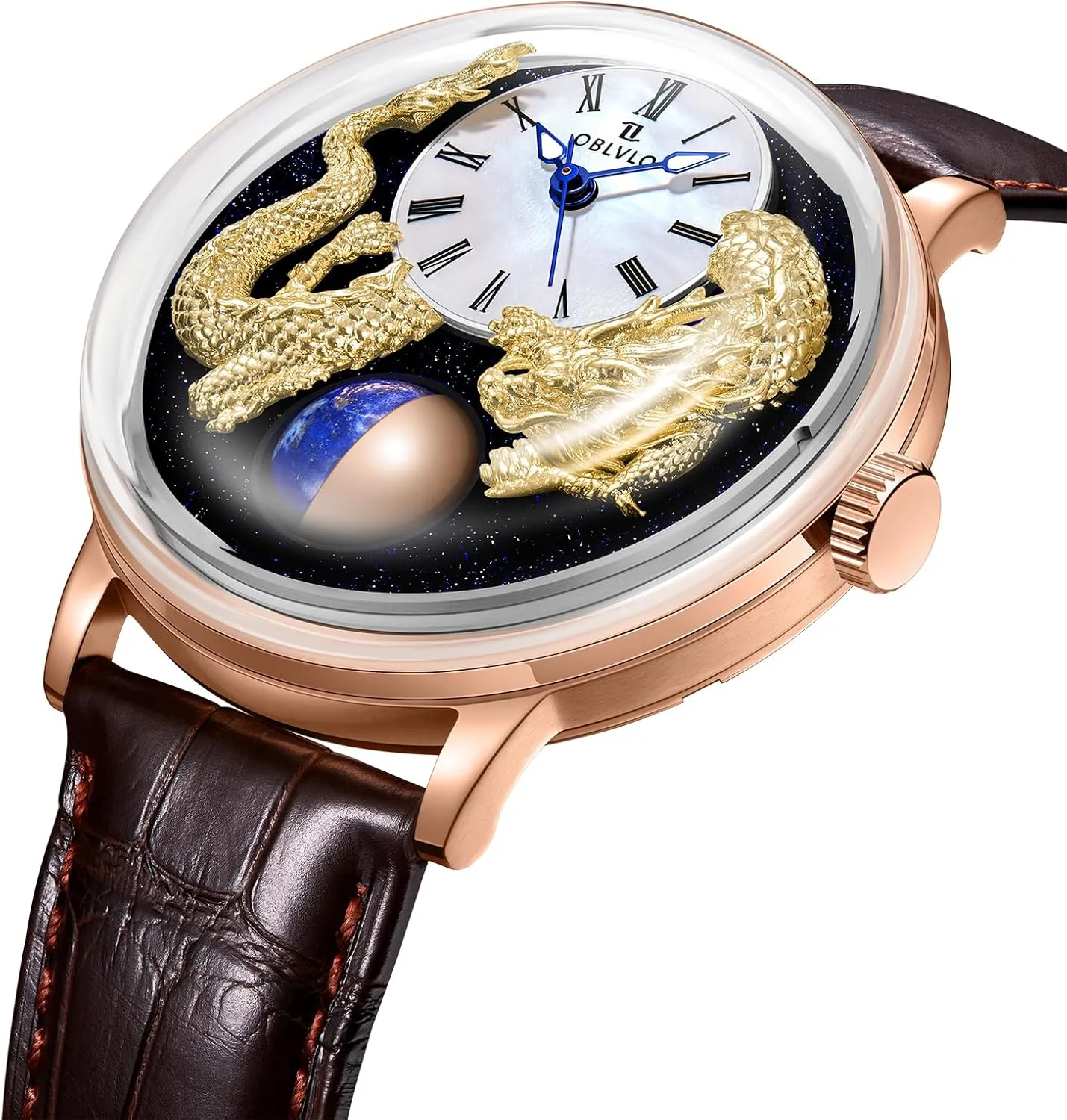 Gold Case, Brown Leather Band, Roman Numeral Dial boot hundredfold jean Luxury Dragon Design Watch, Rose 