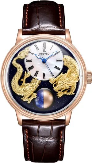 Gold Case, Brown Leather Band, Roman Numeral Dial boot hundredfold jean Luxury Dragon Design Watch, Rose 