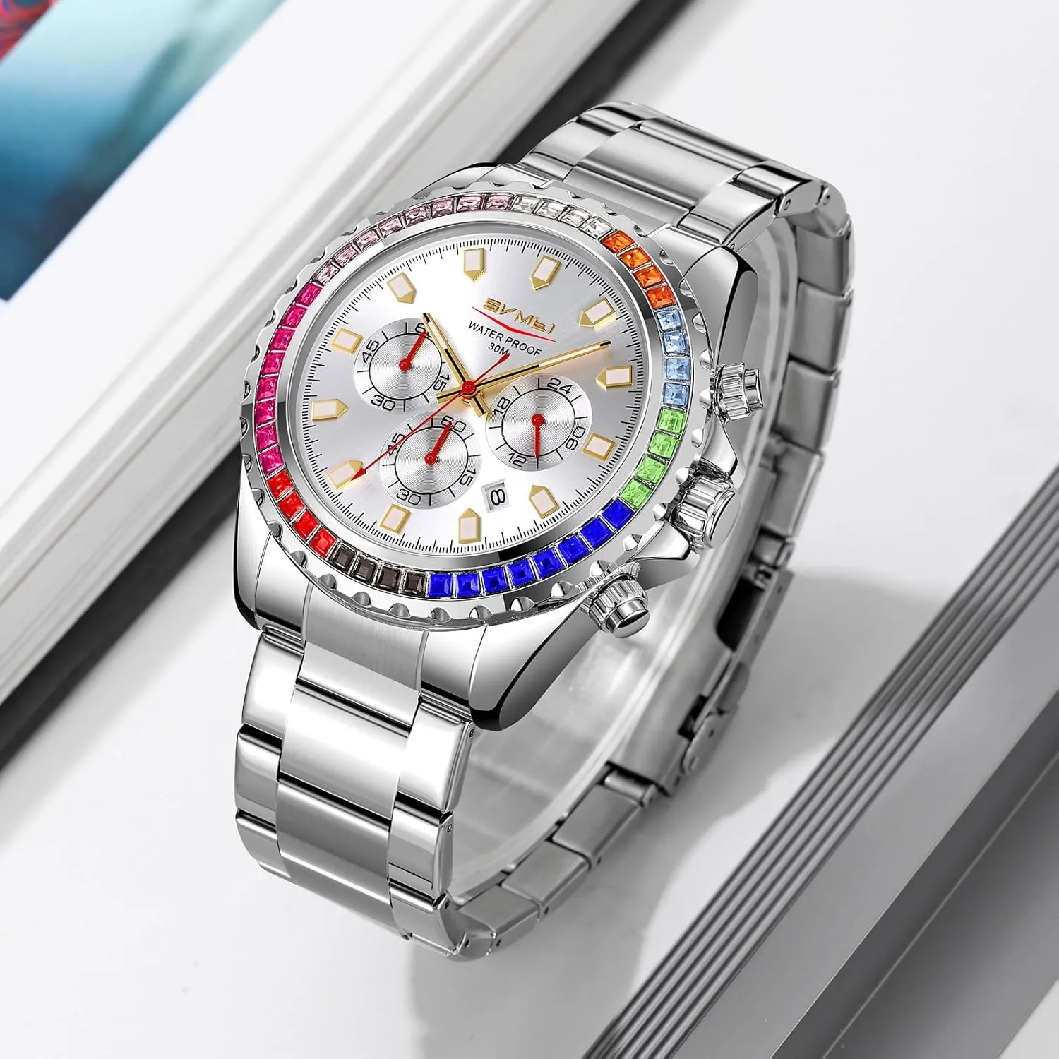 Gold Watch Colored Diamonds Stainless Steel Waterproof Date Quartz Movement Bold Sports Fashion Accessory for conflate ship mannerism politically Men Men's Luxury 