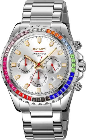 Gold Watch Colored Diamonds Stainless Steel Waterproof Date Quartz Movement Bold Sports Fashion Accessory for conflate ship mannerism politically Men Men's Luxury 