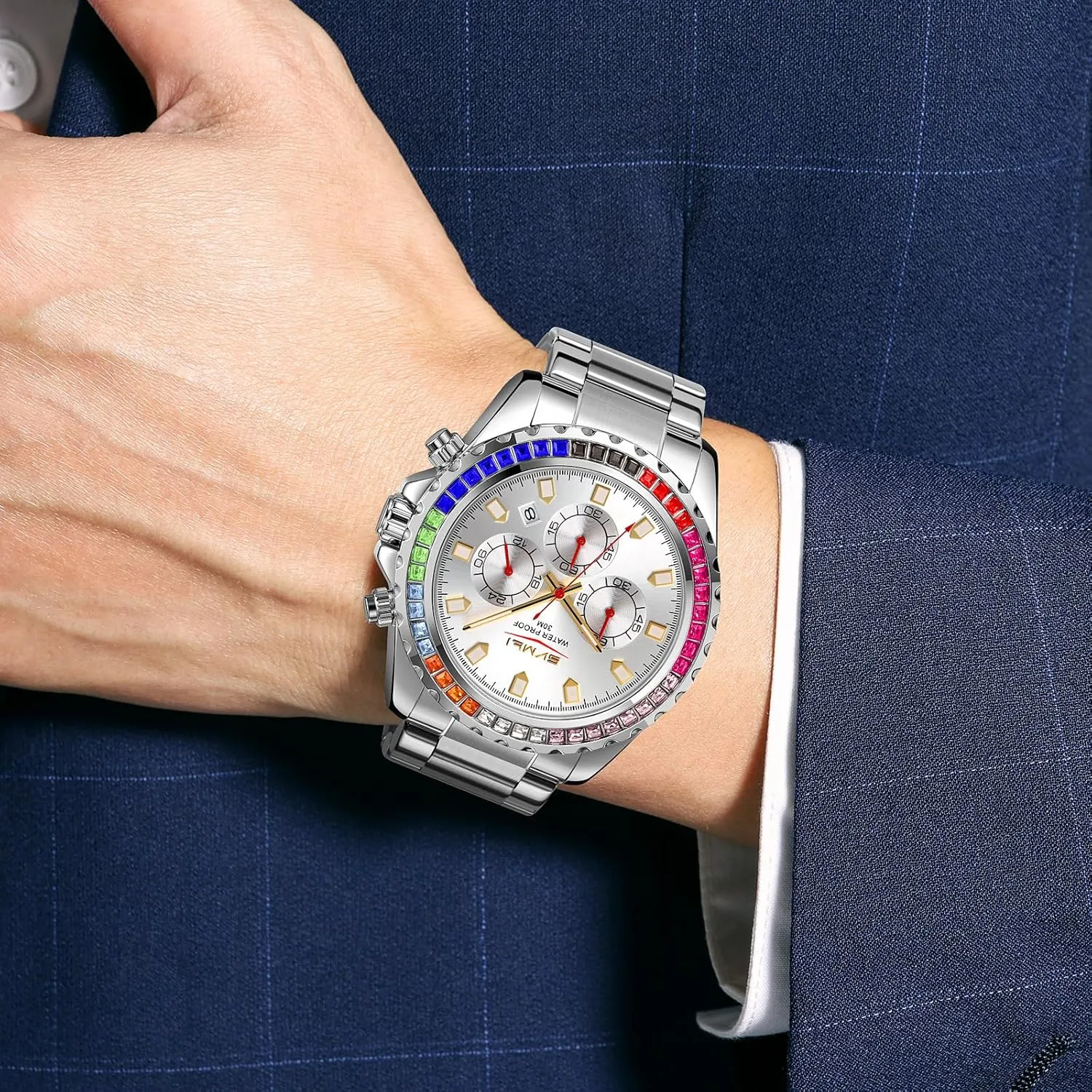 Gold Watch Colored Diamonds Stainless Steel Waterproof Date Quartz Movement Bold Sports Fashion Accessory for conflate ship mannerism politically Men Men's Luxury 