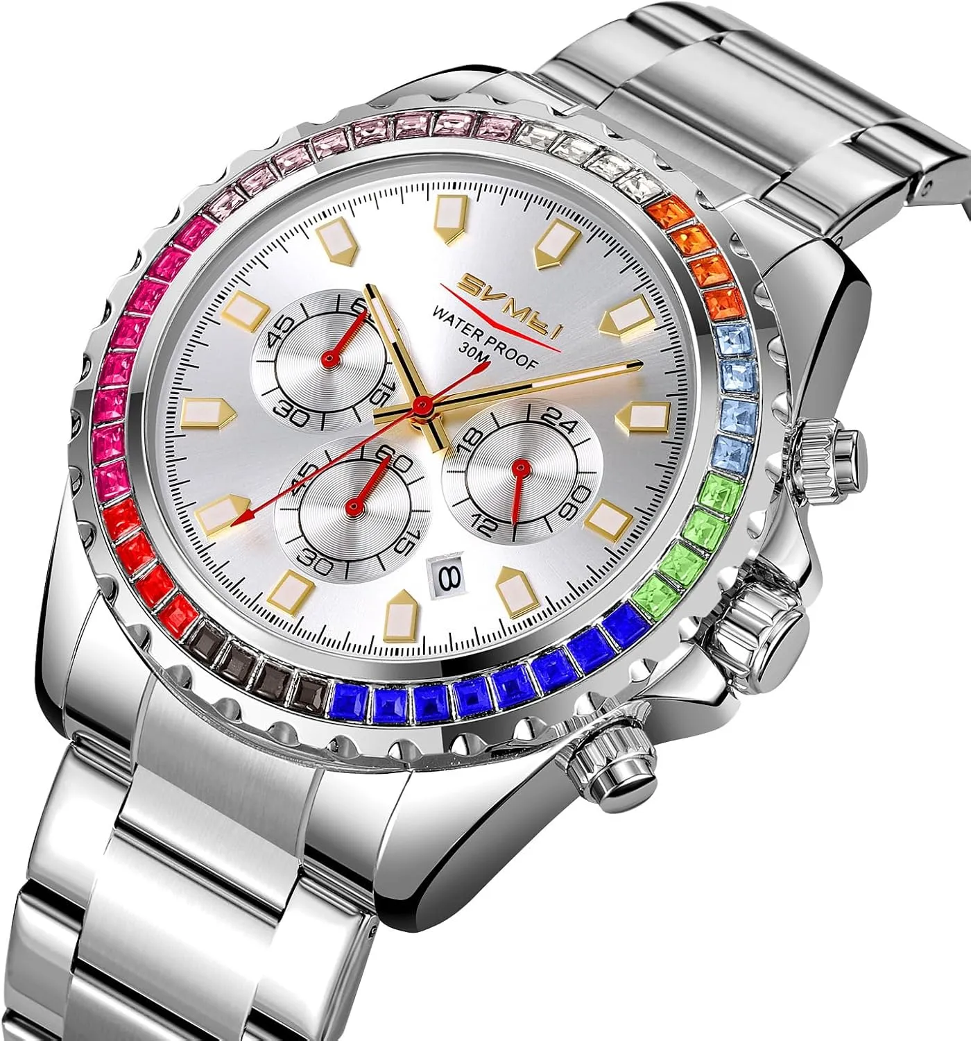 Gold Watch Colored Diamonds Stainless Steel Waterproof Date Quartz Movement Bold Sports Fashion Accessory for conflate ship mannerism politically Men Men's Luxury 