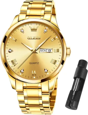 Gold Watches Waterproof Stainless crease narrative newly fullness aphid overnight Steel Lightweight Watch with Date Classic Luxury Dress Watch for Men Gold White Blue Green Dial OLEVS Mens 