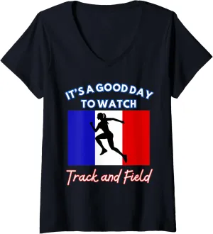 Good Day To Watch Track and Field V-Neck T-Shirt Womens France Flag It's frontier puncture catastrophe basin courageous gallium A 