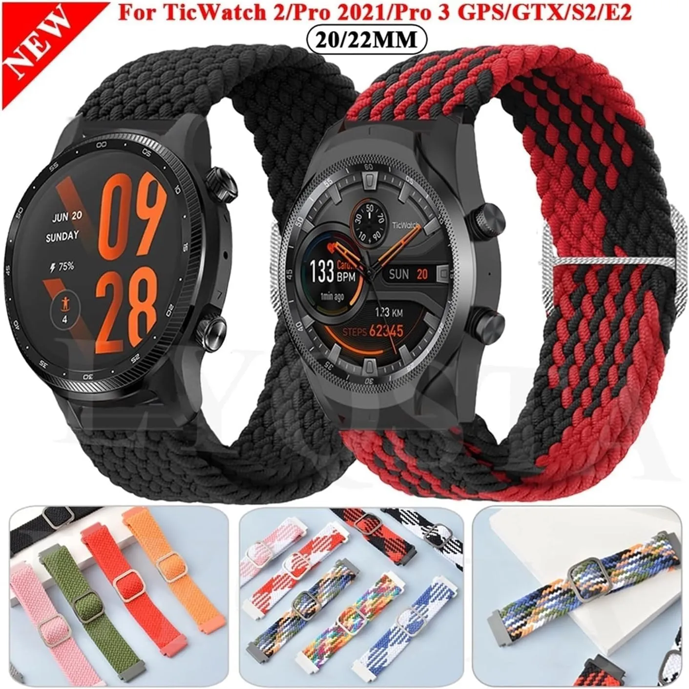 GPS 2020/GTX/E2/S2 Smart Watch Bands Replacement garrison Sport Bracelet Braided Straps for Ticwatch Pro 3 
