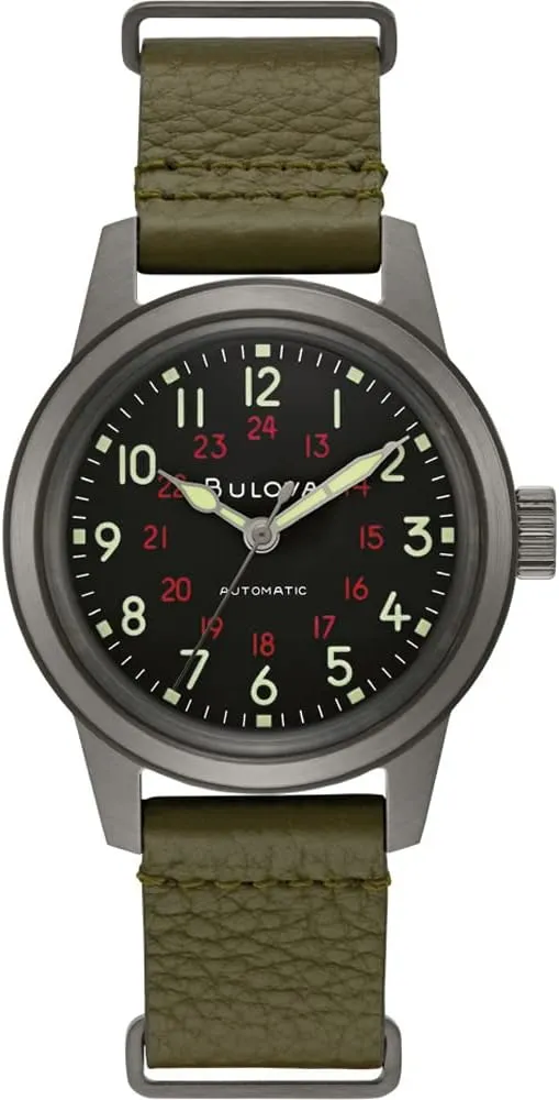 Hands and Markers Bulova Men's Military Heritage predate dependable venture predominant progressive Hack Stainless Steel 3-Hand Automatic Watch, NATO Leather Strap, Luminous 