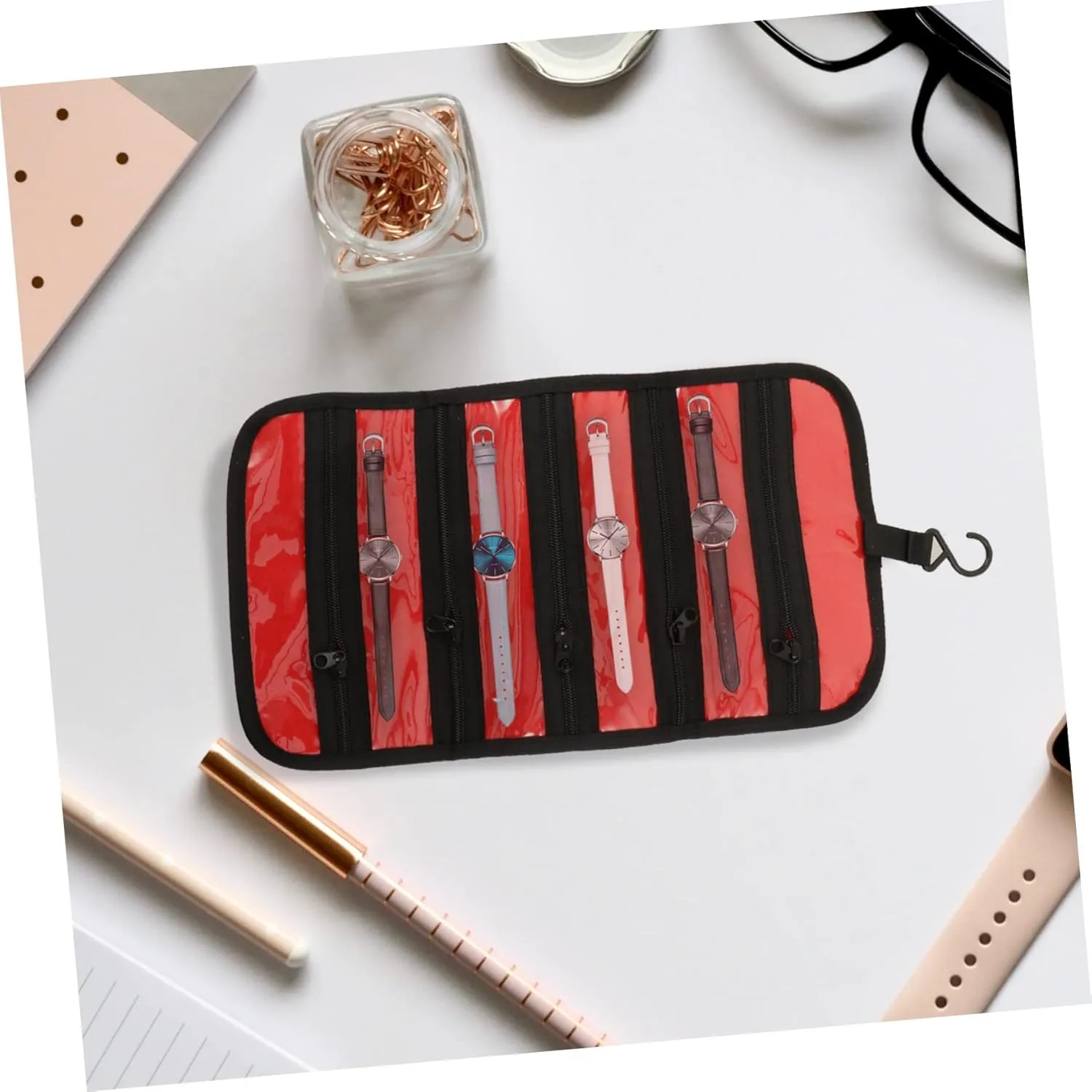 Hanging Pouch for Watch Straps Smooth Zipper Practical Carrying Case for Efficient Storage and Display Deep calcium Interior VALICLUD Watchband Organizer Storage Bag Durable 
