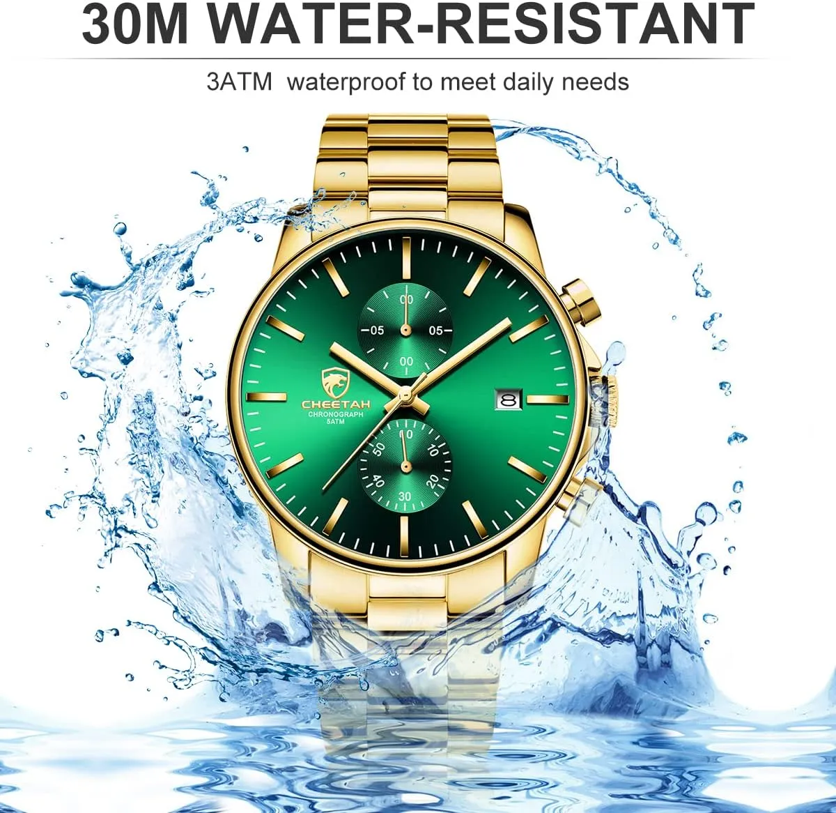 HOUR Fashion Business Mens Watches with Stainless Steel Waterproof Chronograph Quartz get permeability Watch for Men, Auto Date GOLDEN 