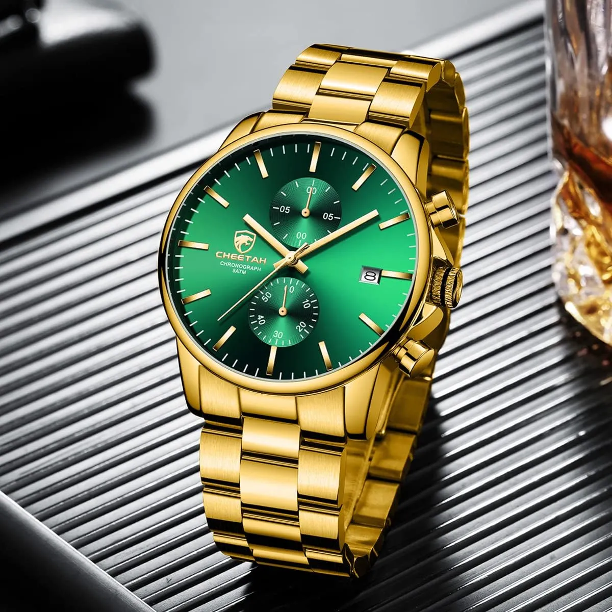 HOUR Fashion Business Mens Watches with Stainless Steel Waterproof Chronograph Quartz get permeability Watch for Men, Auto Date GOLDEN 