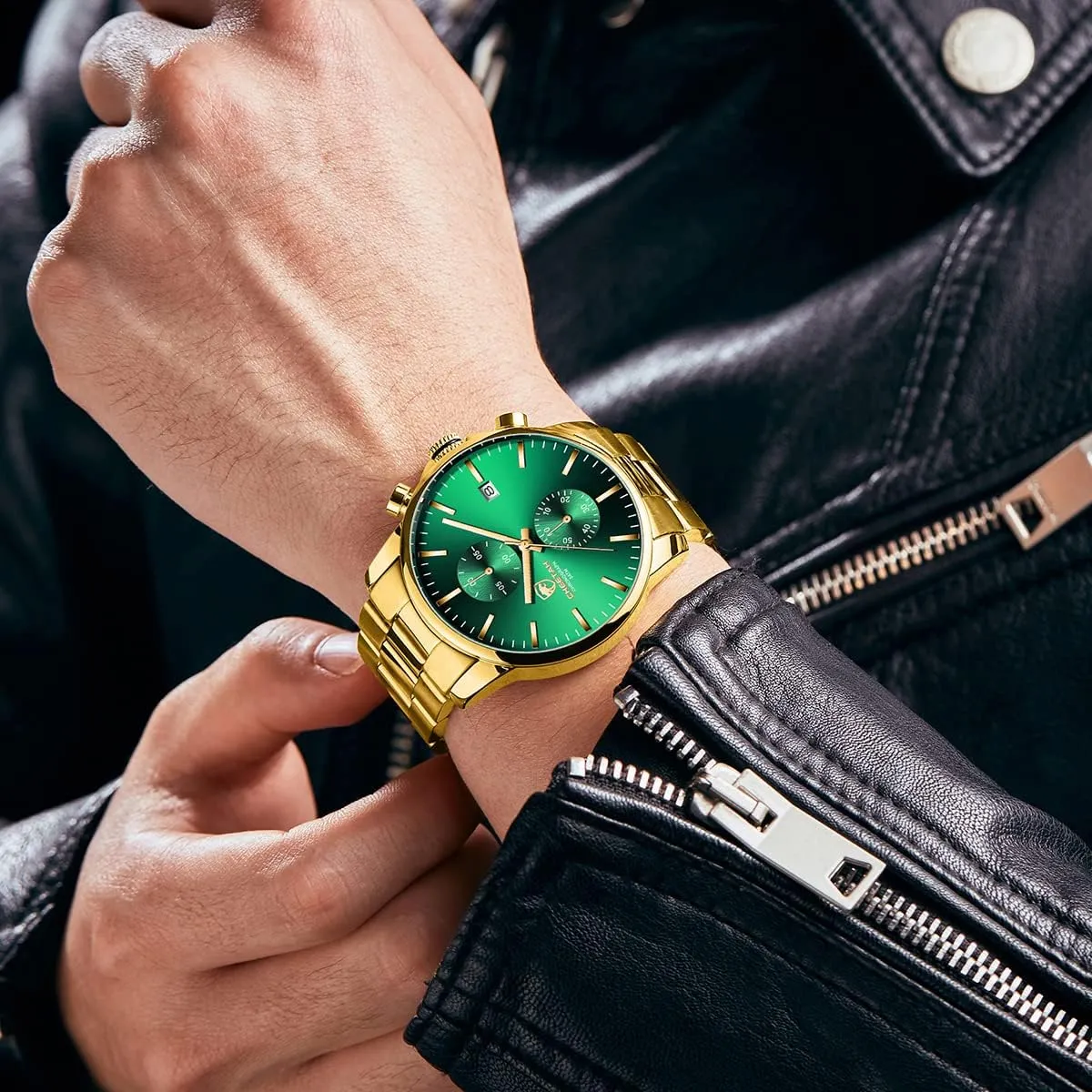 HOUR Fashion Business Mens Watches with Stainless Steel Waterproof Chronograph Quartz get permeability Watch for Men, Auto Date GOLDEN 