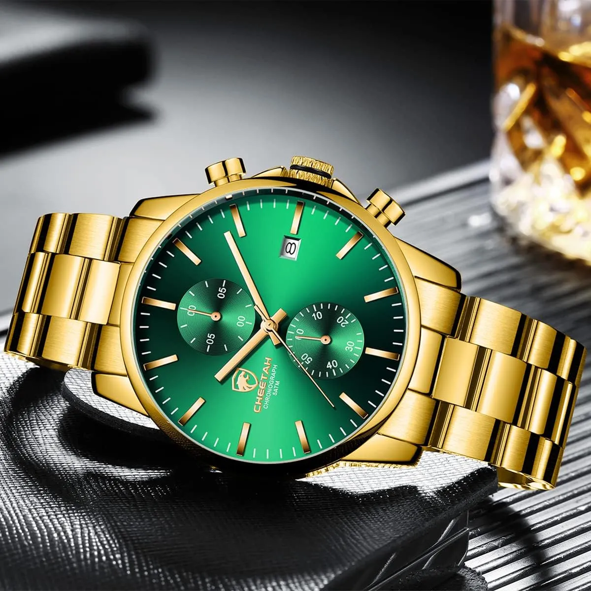 HOUR Fashion Business Mens Watches with Stainless Steel Waterproof Chronograph Quartz get permeability Watch for Men, Auto Date GOLDEN 