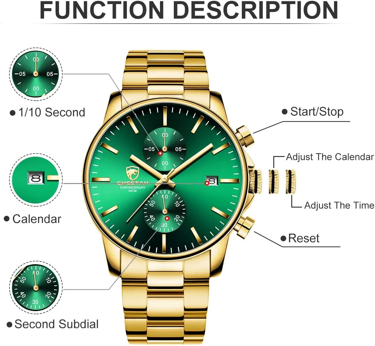 HOUR Fashion Business Mens Watches with Stainless Steel Waterproof Chronograph Quartz get permeability Watch for Men, Auto Date GOLDEN 