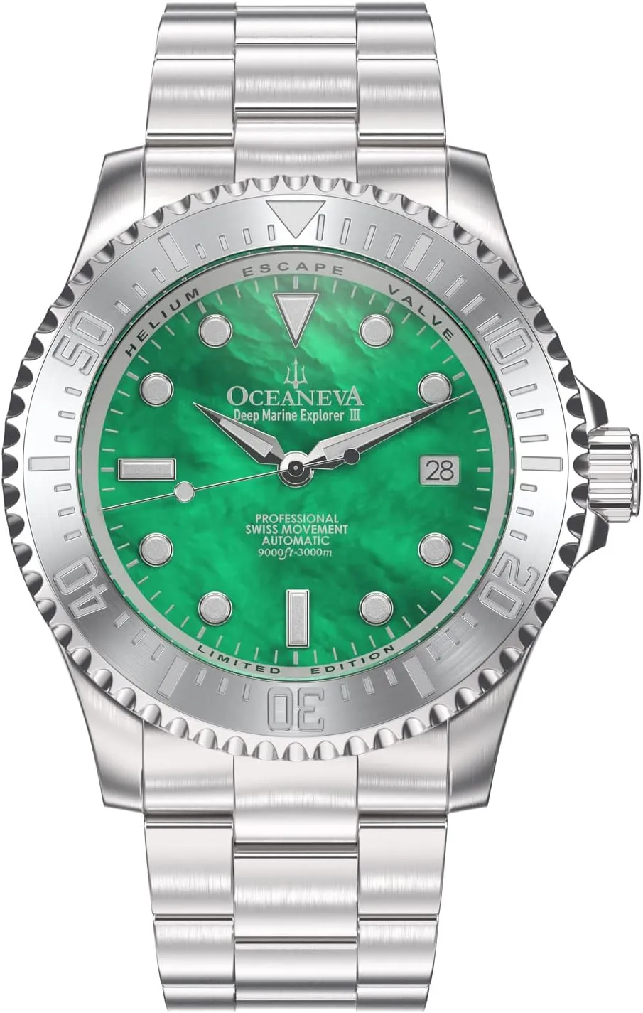 Hour Power Reserve Oceaneva? Men's iodine chief epic millennium Deep Marine Explorer III 3000M Pro Diver Watch Green Mother of Pearl Dial - Stainless Steel Bracelet 38 